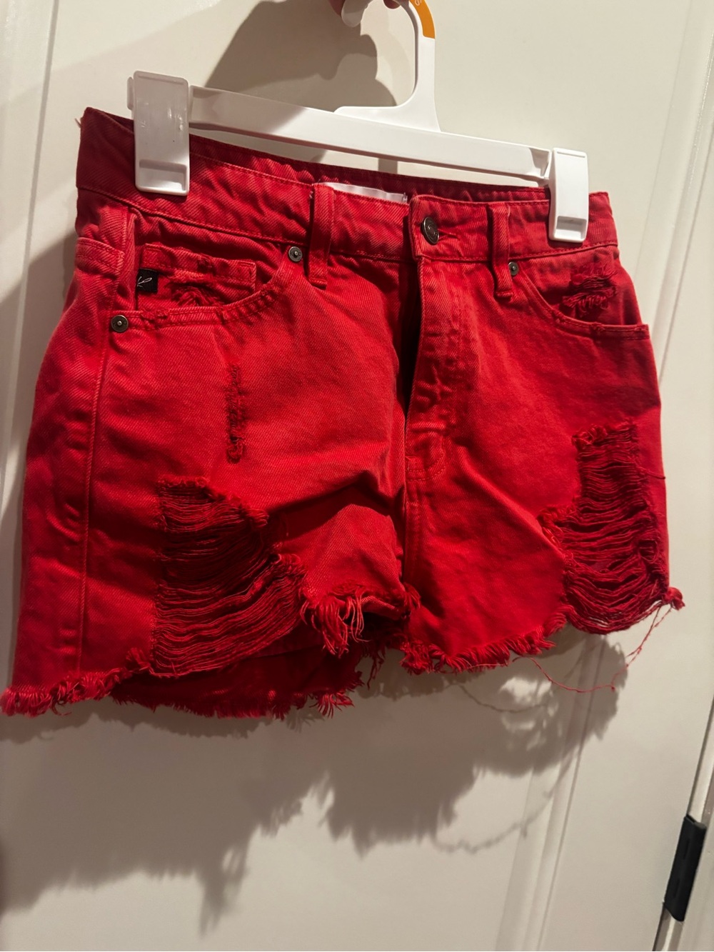 KanCan Red Distressed High-Rise Jean Shorts